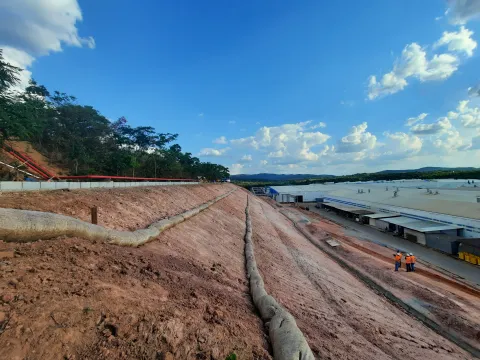 Talude com manta orgânica instalada antes da formação completa do gramado