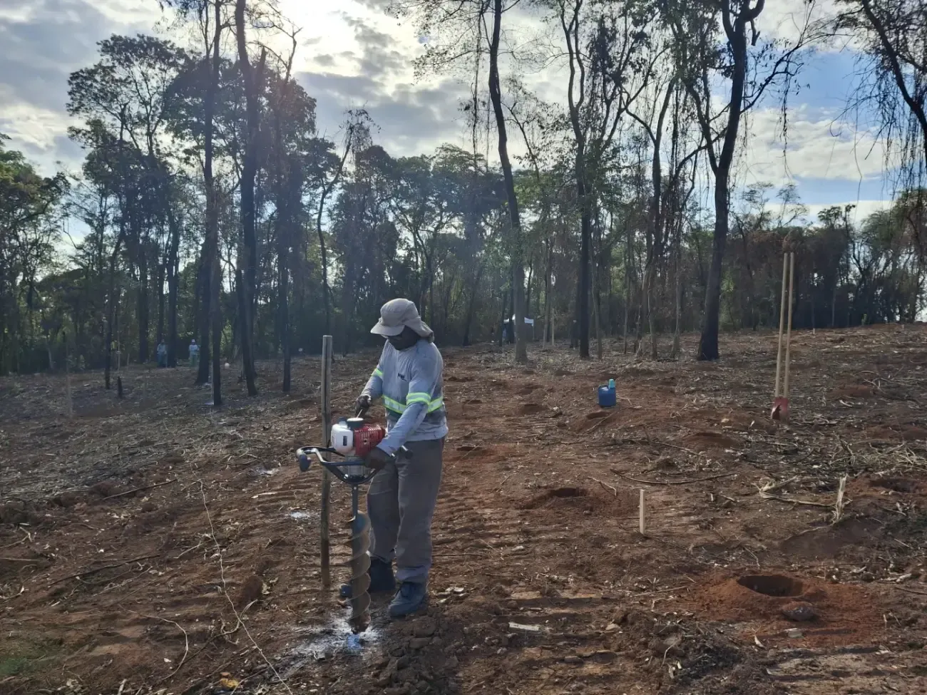 Colaborador da Pequi abrindo cova com trado motorizado em área de Cerrado ao entardecer