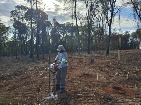Colaborador da Pequi abrindo cova com trado motorizado em área de Cerrado ao entardecer